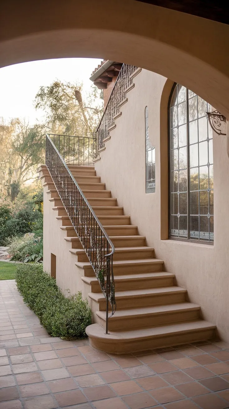 Step into paradise. This Spanish villa staircase, a masterpiece of wrought iron and stone, leads to the entrance of a home where dreams are made. The terracotta tiles underfoot whisper tales of sun-drenched afternoons and the arched window hints at the beauty within.  This Spanish home staircase, a stunning feature in this apartment, invites you to explore.
