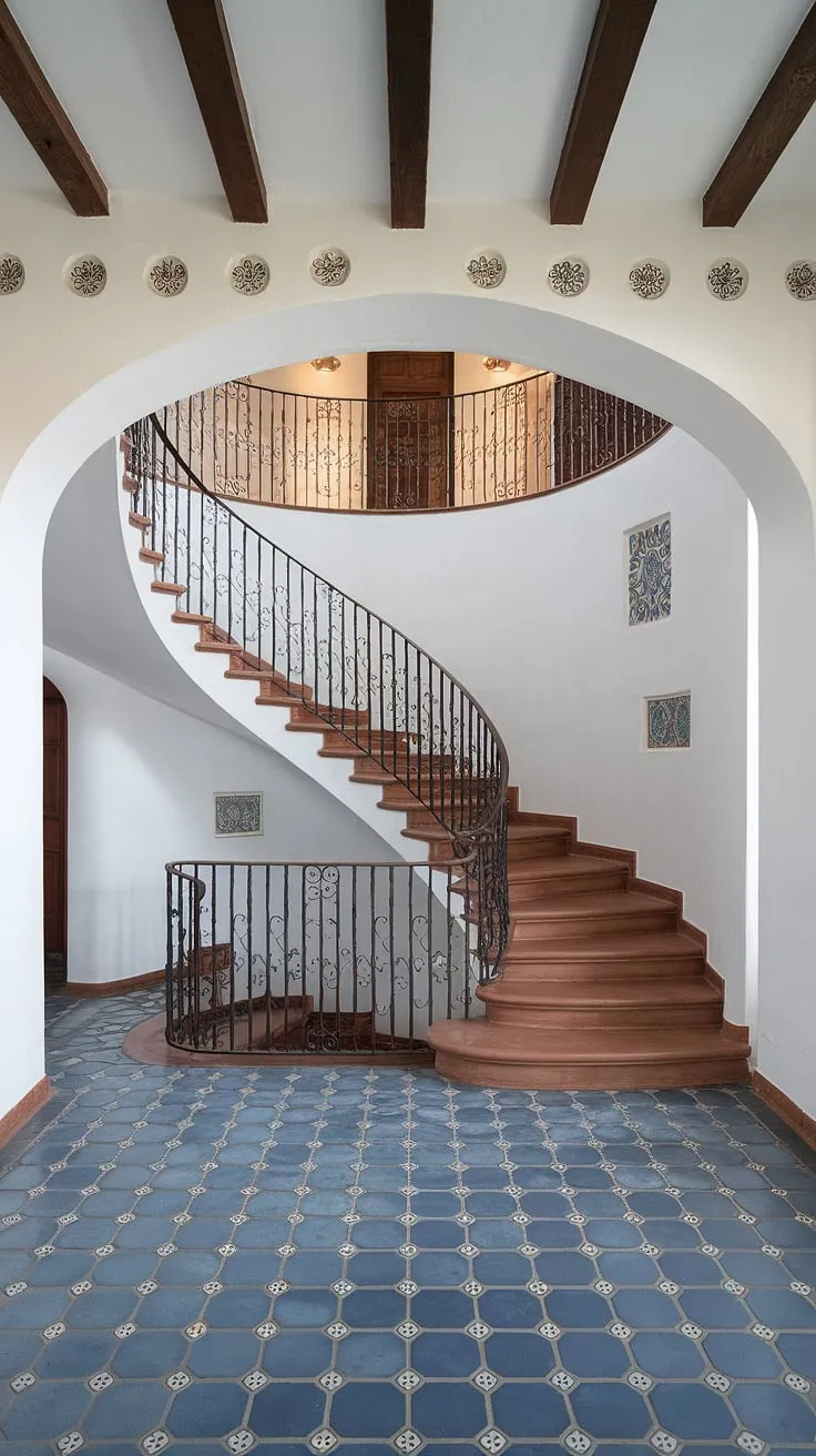 Ascending the graceful Spanish villa staircase, one is immediately captivated by the intricate wrought iron railing and the charming blue and white tiled floor. This entrance staircase, a key element of the apartment's Spanish home design, exudes a sense of light and airy sophistication. The stairs in apartment are a beautiful example of Spanish architectural detail.