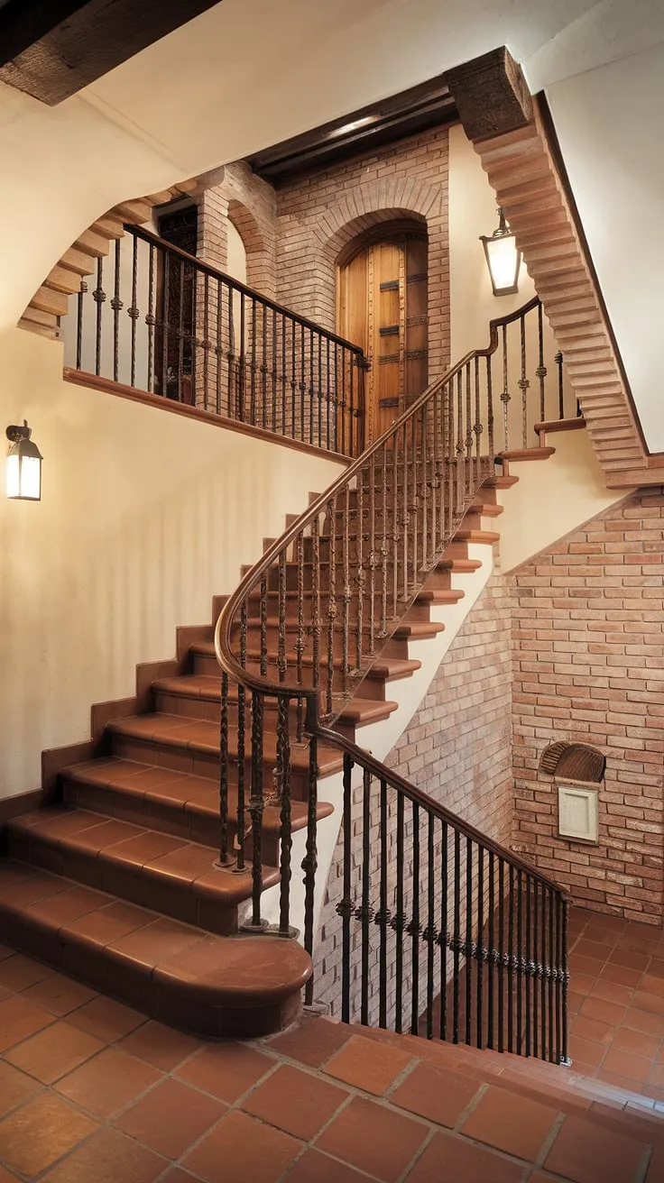 Step into Spanish charm with this breathtaking entrance staircase. The intricate wrought iron of this Spanish home staircase, leading to a wooden door, perfectly complements the warm terracotta tiles of this apartment's stairs, creating the quintessential Spanish villa staircase experience.