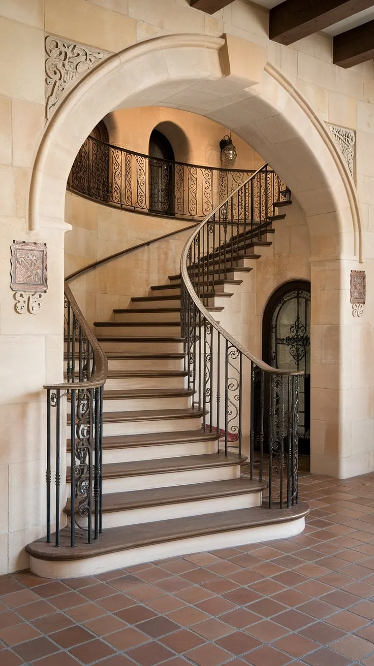 A terracotta-tiled floor leads up the elegant Spanish home staircase, its ornate iron railings a testament to the craftsmanship of this Spanish villa staircase. The sweeping curve of the entrance staircase and the detailed stonework above create a dramatic and inviting entrance to this apartment.