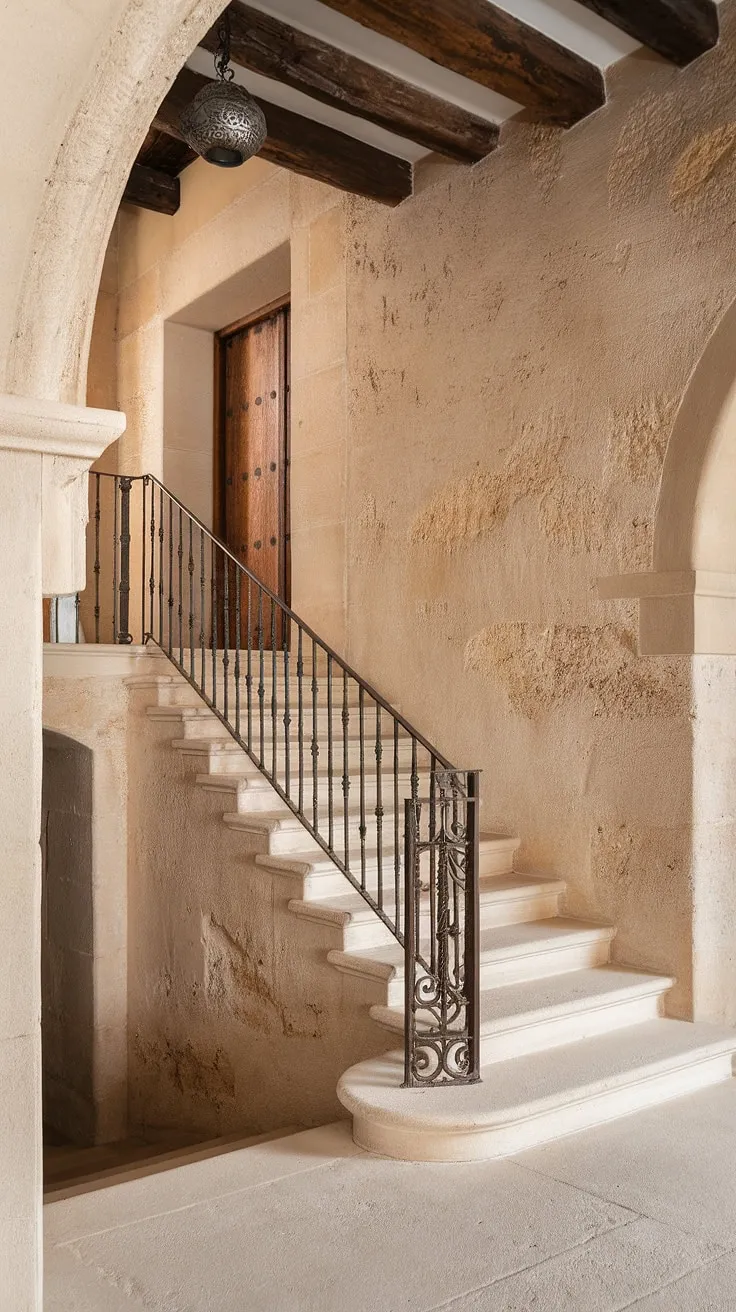A captivating Spanish home staircase, this entrance staircase to a sun-drenched villa invites you to step into a world of timeless elegance. The stairs in this apartment are more than just steps; they're a statement.