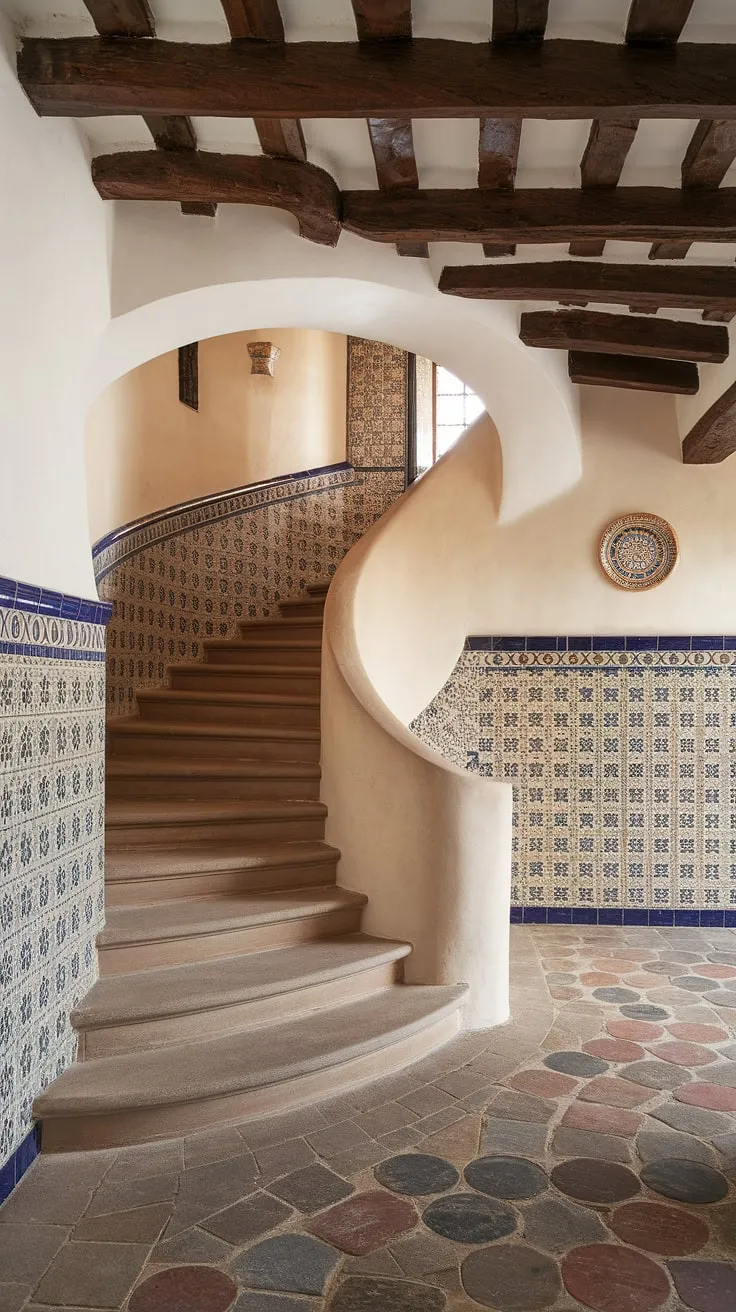 This Spanish villa staircase, a stunning example of stairs in apartment design, welcomes you with its curved elegance and timeless appeal. The entrance staircase's beauty is undeniable.
