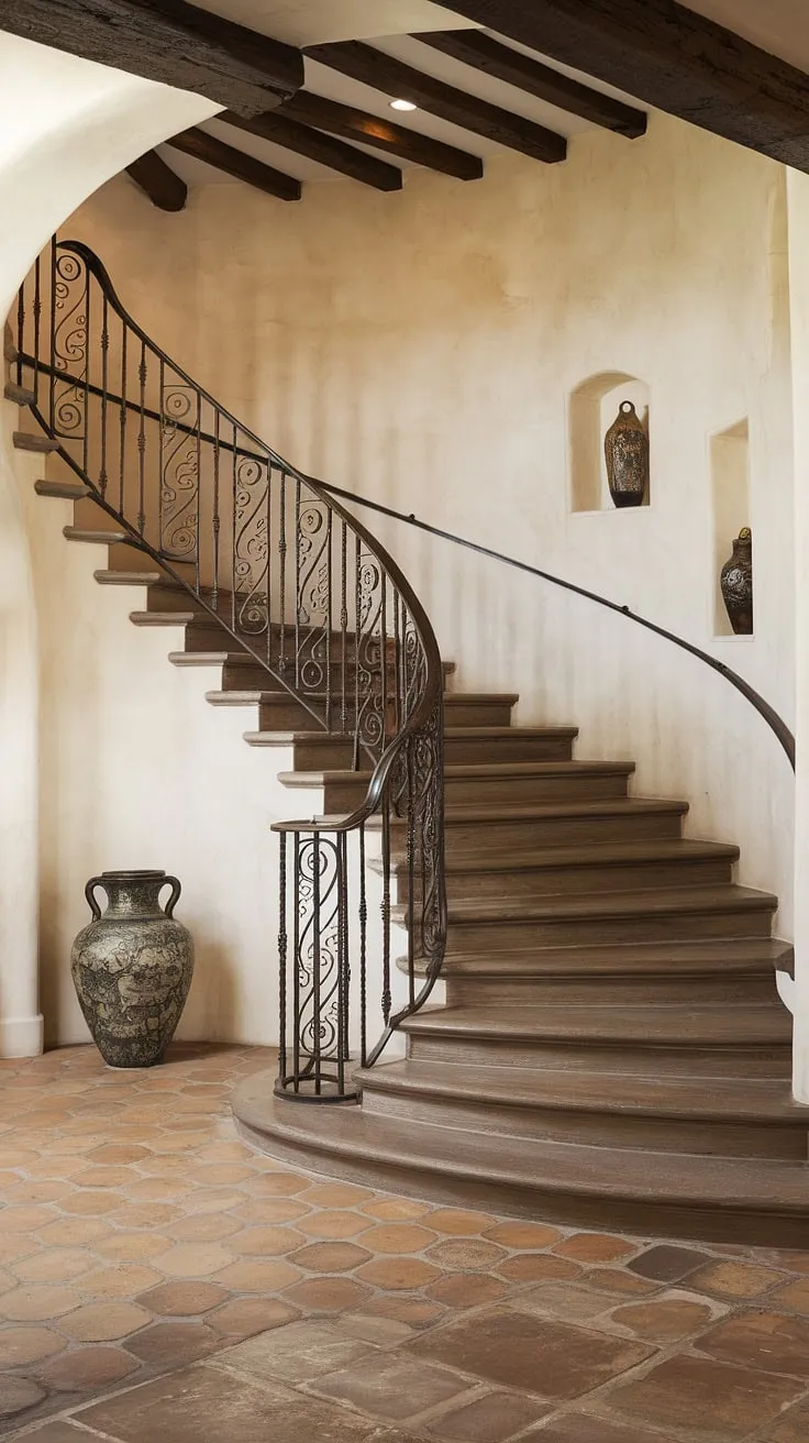 This Spanish villa staircase, a stunning feature of the apartment's entrance, showcases the beauty of handcrafted wrought iron and aged stone. The curved design and decorative details make this stairs in apartment a true focal point.