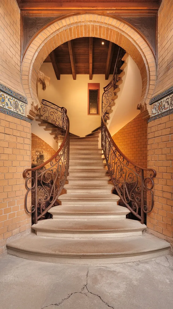 Step into Spanish charm with this elegant entrance staircase, a captivating feature of this villa. The worn stone and intricate wrought iron speak of history and warmth.
