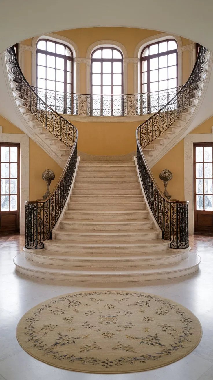 This Spanish villa staircase is a showstopper. The multiple flights of the stairs in apartment-style grandeur ascend majestically, their white marble gleaming under the light filtering through large windows. Intricate ironwork details on the balustrades add a touch of Spanish charm to this stunning entrance staircase, perfectly complemented by the soft yellow walls and a patterned rug at its base.