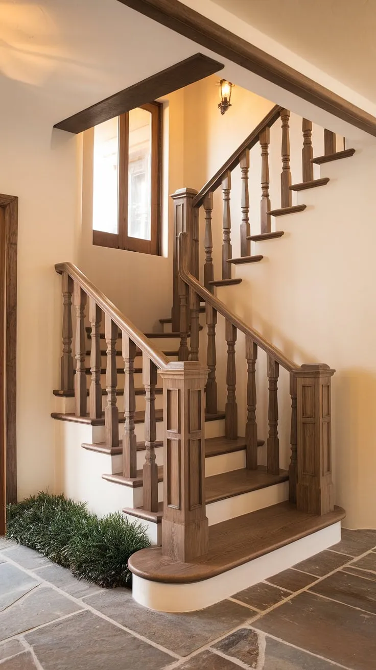 The warm glow of the setting sun illuminates this elegant entrance staircase, a hallmark of Spanish villa architecture.  The aged wood of the railing whispers stories of generations past, while the stone tiles beneath your feet promise a journey into a home filled with charm.  This Spanish home staircase, a true centerpiece of the apartment, invites you to ascend.