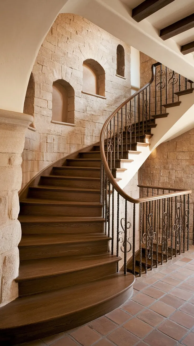 A timeless entrance staircase, winding its way through this Spanish home, a testament to the elegance of a Spanish villa staircase. The warm light and aged stone whisper stories of life lived within these stairs in apartment.