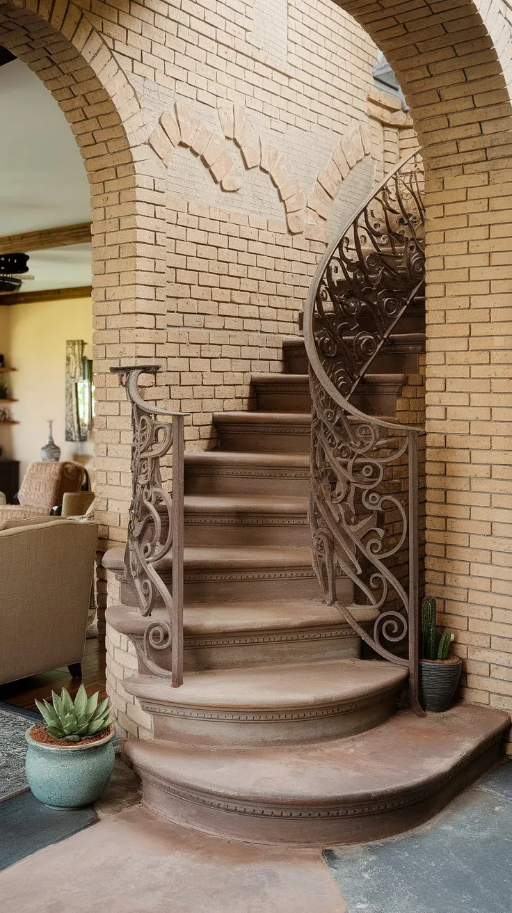 The entrance staircase of this Spanish home, a testament to time and craftsmanship, winds its way upwards. Worn stone steps, embraced by intricate wrought-iron railings, lead into a cozy living area glimpsed beyond. This Spanish villa staircase, also suitable for a grand apartment, speaks of history and charm, with a small cactus adding a touch of desert flair to the aged brick wall.