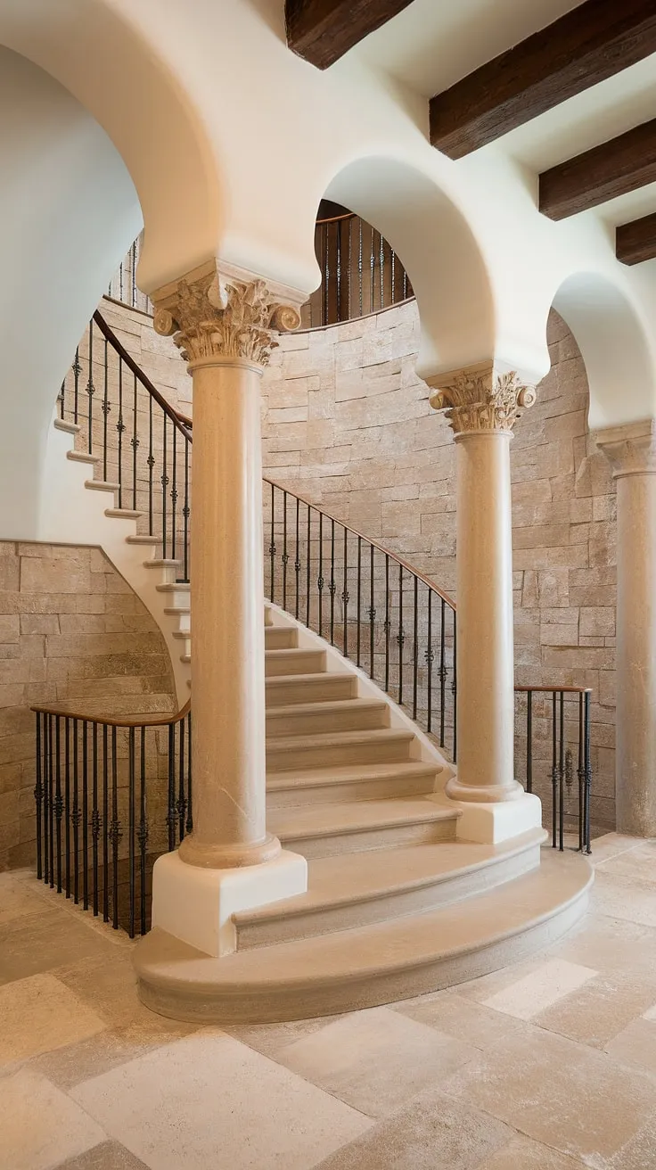 This Spanish home staircase, a focal point within the apartment, showcases the grandeur of Spanish villa architecture. The beige stone stairs, framed by intricately carved white pillars and a flowing wrought iron railing, create a dramatic entrance. The high ceilings and exposed wooden beams further enhance the luxurious feel of this stairs in apartment.