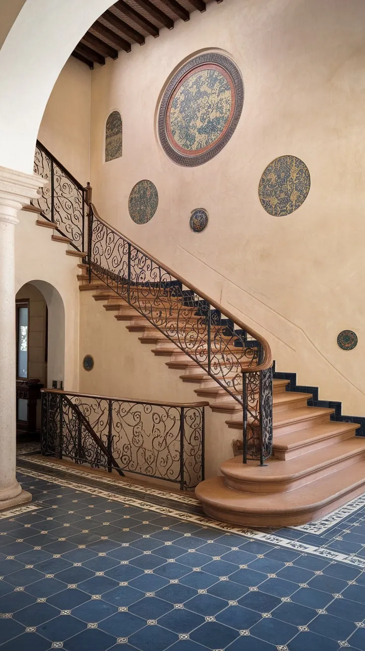 Step into Spanish charm with this breathtaking entrance staircase. The detailed ironwork and captivating tile design of this stairs in apartment, reminiscent of a Spanish villa staircase, create an unforgettable entrance.