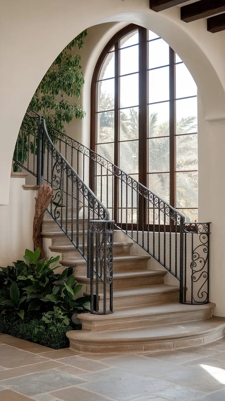 The entrance staircase of this Spanish home, a masterpiece of wrought iron and stone, winds gracefully towards a sunlit arched window. Lush greenery adds a touch of vibrancy to this charming Spanish villa staircase, a detail perfectly complementing the tiled floor. This stairs in apartment setting feels both grand and inviting.