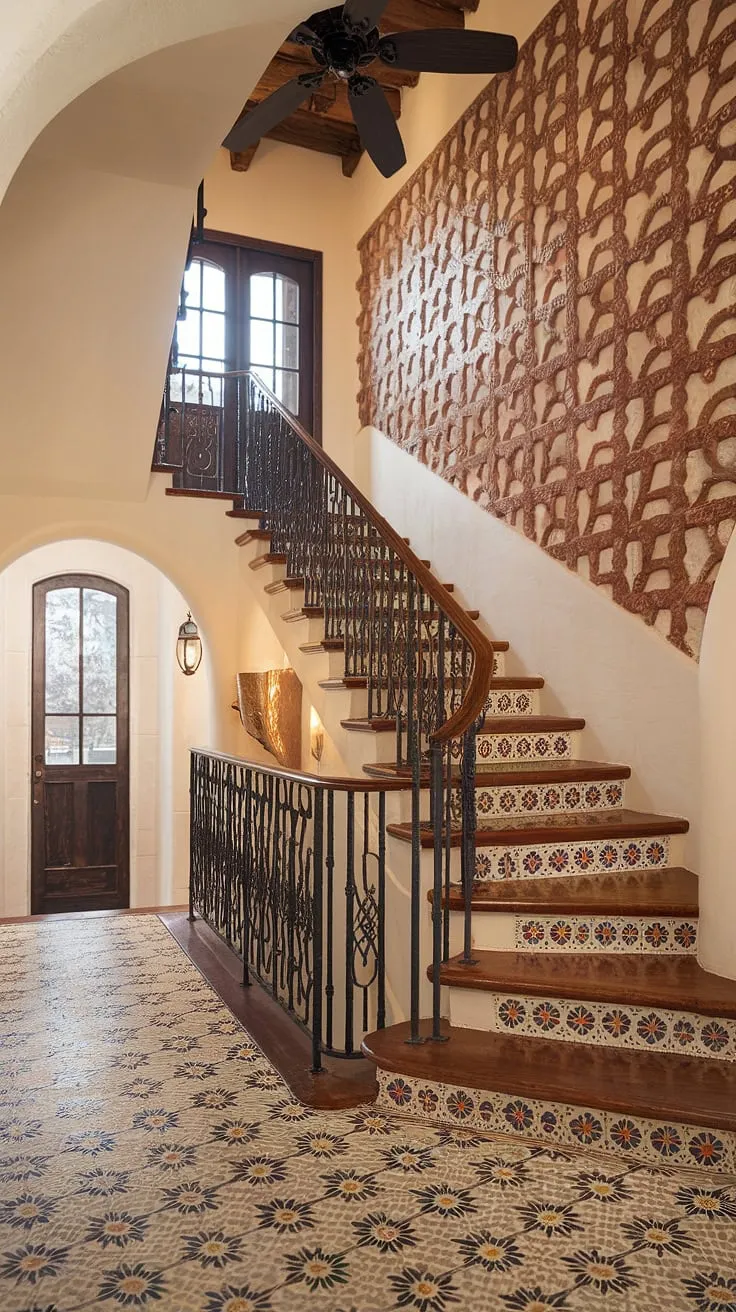 The elegant entrance staircase of this Spanish home, a true showstopper with its intricate wrought-iron railing and patterned tile flooring, welcomes you into a world of warmth and charm. The unique wall texture and high ceilings, complete with a ceiling fan, add to the inviting ambiance of this Spanish villa staircase, a detail that elevates this stairs in apartment to a work of art.