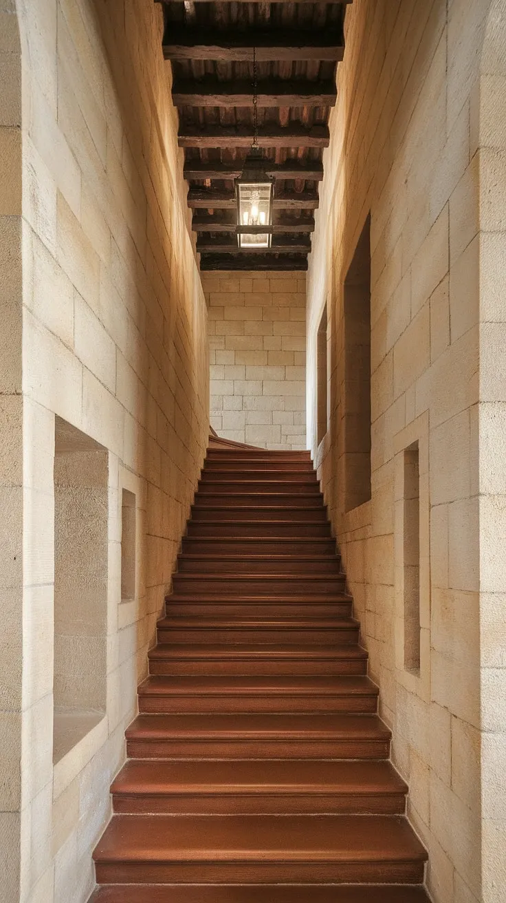 The rich, dark stone of this Spanish home staircase creates a sense of history and grandeur. This Spanish villa staircase, part of a stunning apartment, features a high ceiling with exposed wooden beams and charming wall niches. A hanging lantern provides a soft light, highlighting the intricate details of the stairs.