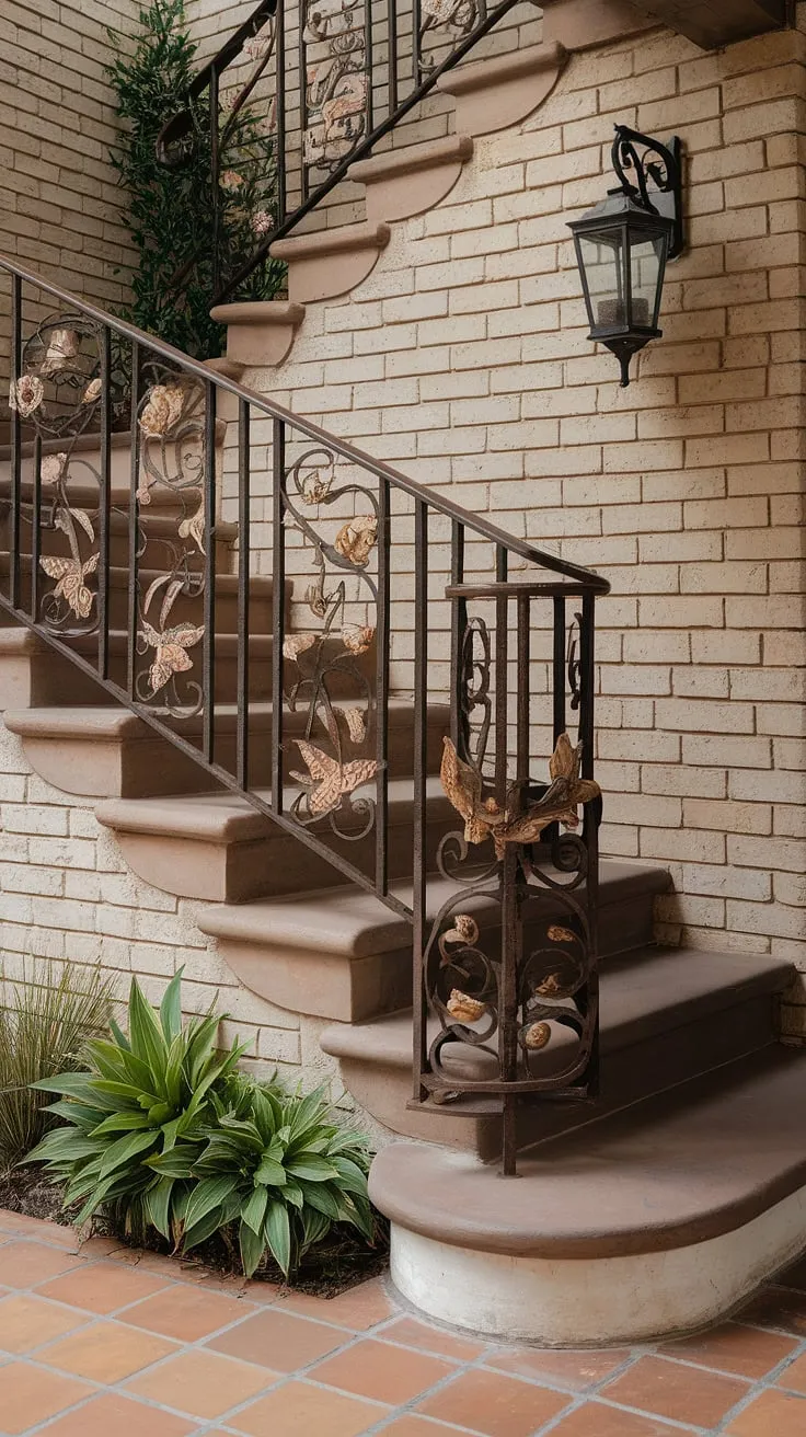 A timeless entrance staircase, whispering tales of Spanish villa elegance in this charming home. The worn stone steps and intricate iron railings invite you to explore.