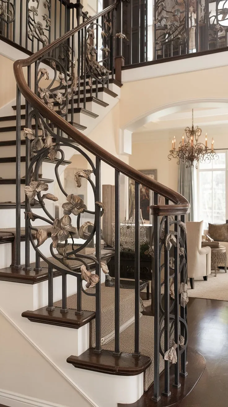 Step into elegance with this breathtaking entrance staircase, a testament to the grandeur of Spanish home design. The intricate ironwork, a symphony of flowers and scrolls, guides you to the heart of this charming Spanish villa staircase, a true masterpiece within the apartment.