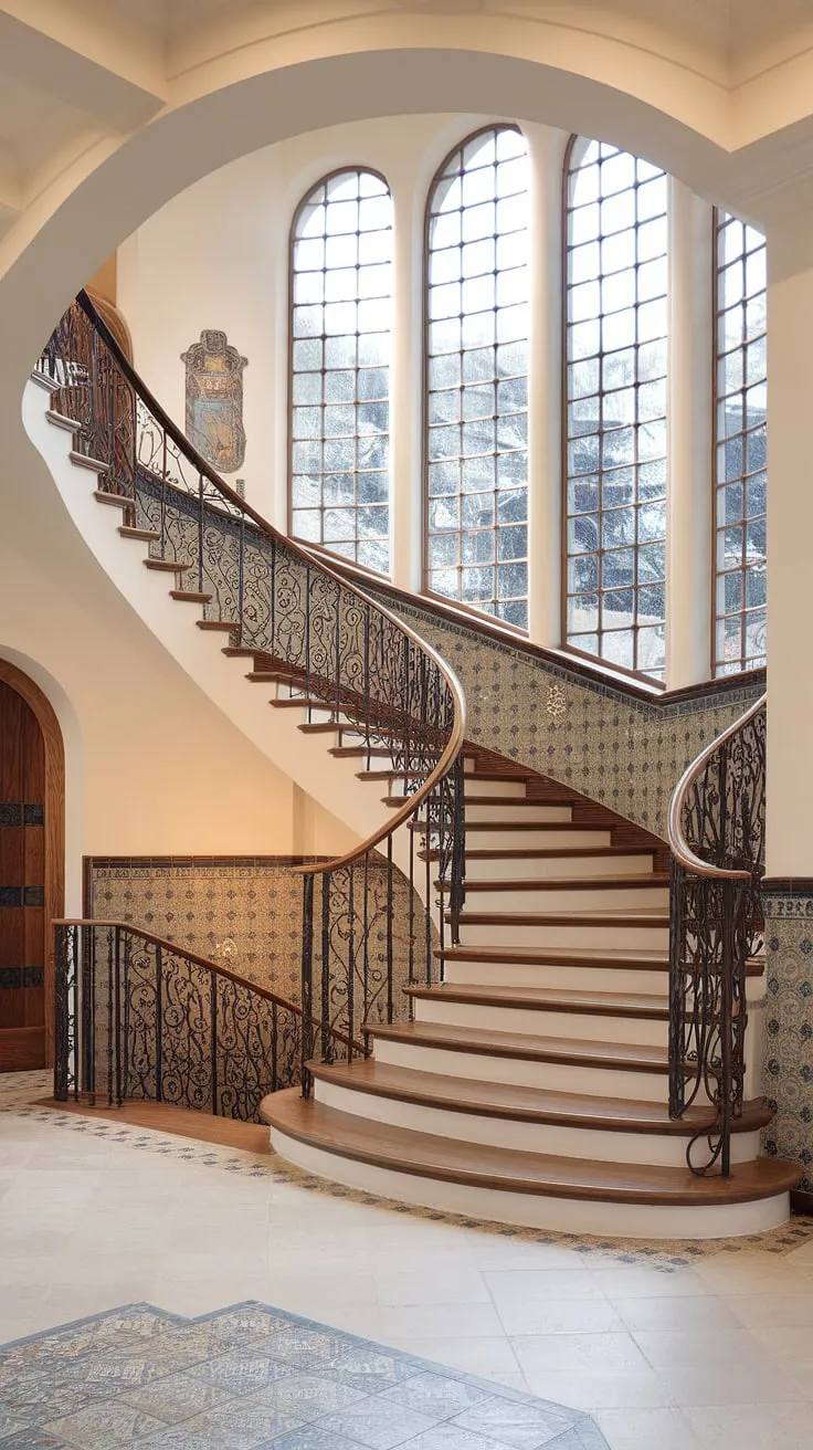 Step into a world of timeless elegance with this grand entrance staircase, a breathtaking feature of this Spanish home.  The intricate tile work and ornate iron railings tell a story of craftsmanship and history, making this Spanish villa staircase a true masterpiece.  Even the stairs in this apartment feel palatial.