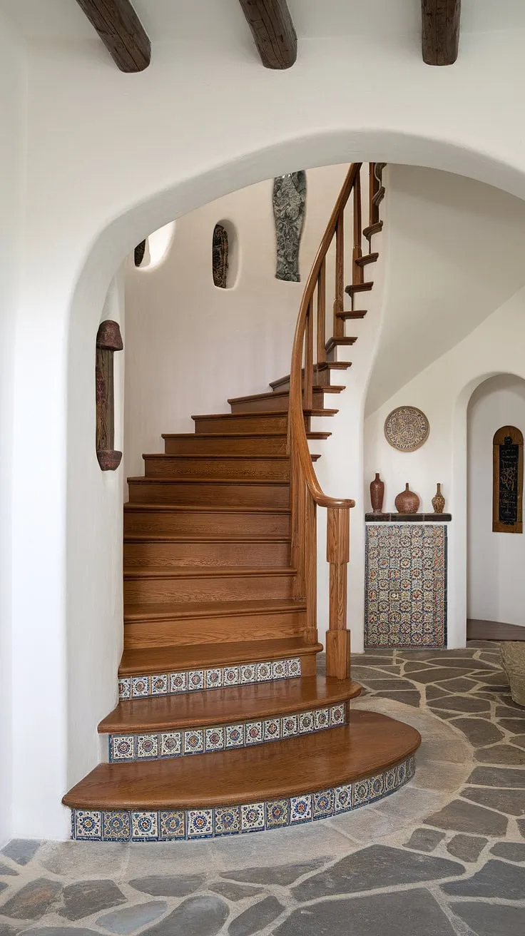 Ascending this Spanish home staircase, with its elegant curves and sun-drenched landing, feels like stepping into a dream.  The stairs in this apartment, a beautiful example of Spanish villa staircase design, invite you to explore the wonders within.