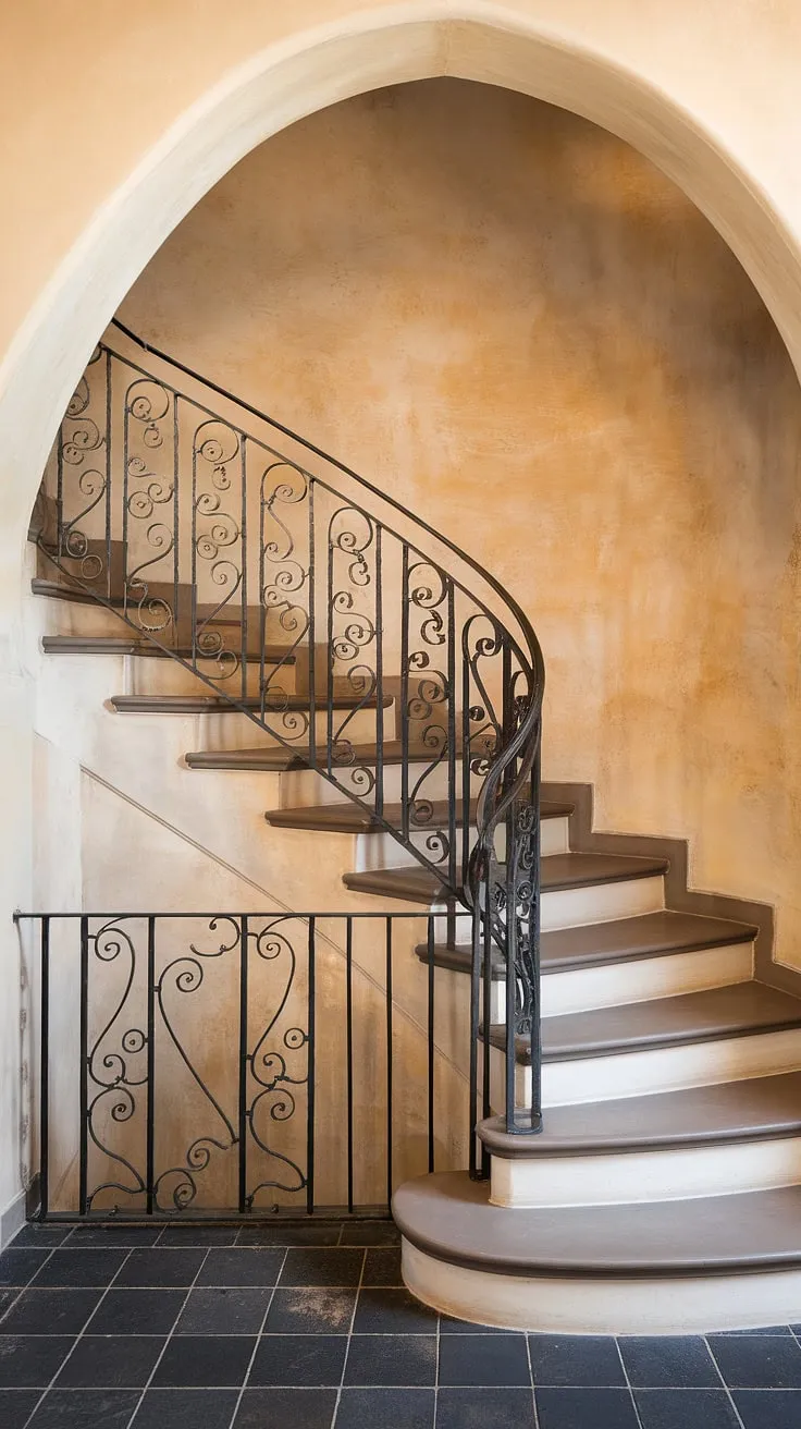 This Spanish villa staircase, a breathtaking example of Spanish home staircase design, welcomes you with its graceful curves and intricate wrought-iron railing. The taupe steps and dark tile floor create a sophisticated contrast, while the textured beige wall adds warmth.  Imagine the stories held within these stairs in apartment settings, echoing the timeless beauty of a grander home.