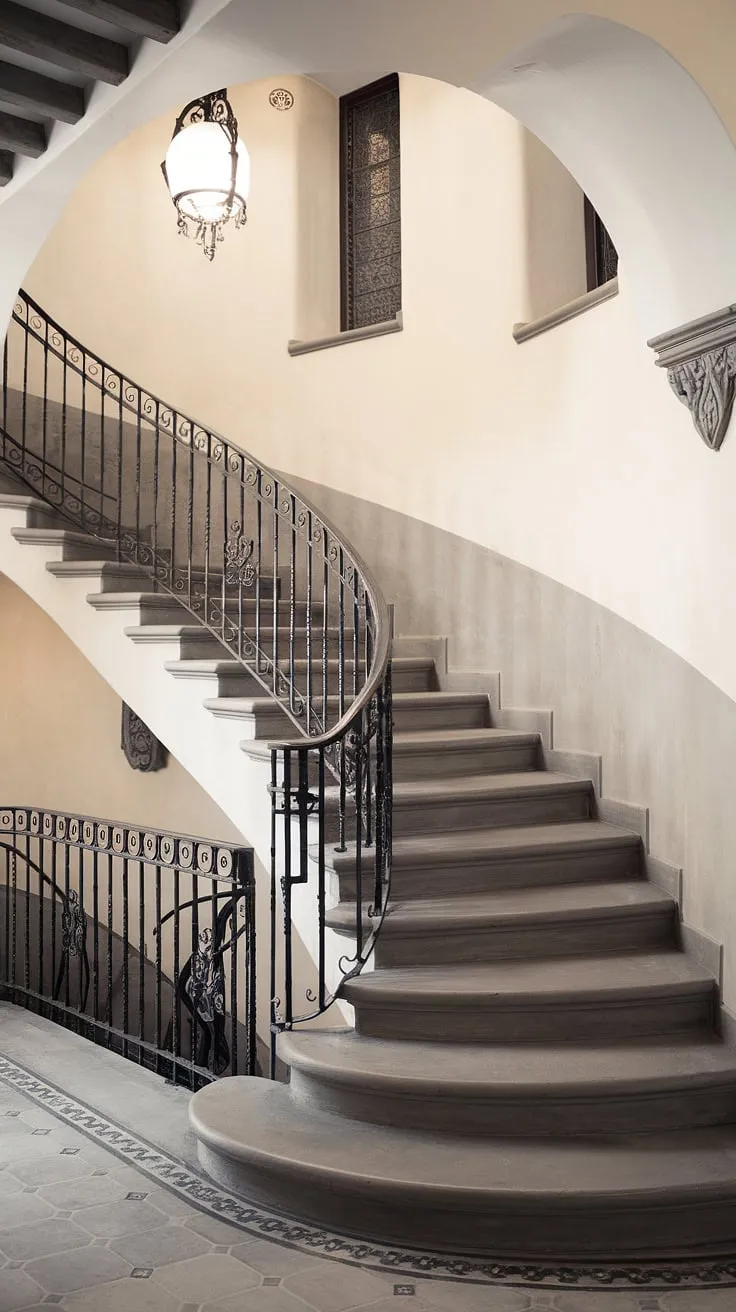 The elegant entrance staircase of this Spanish villa, a masterpiece of wrought iron and stone, invites you to explore the beauty within.  The intricate details and smooth curves of this Spanish home staircase are a testament to timeless craftsmanship.  Even the stairs in this apartment feel grand.