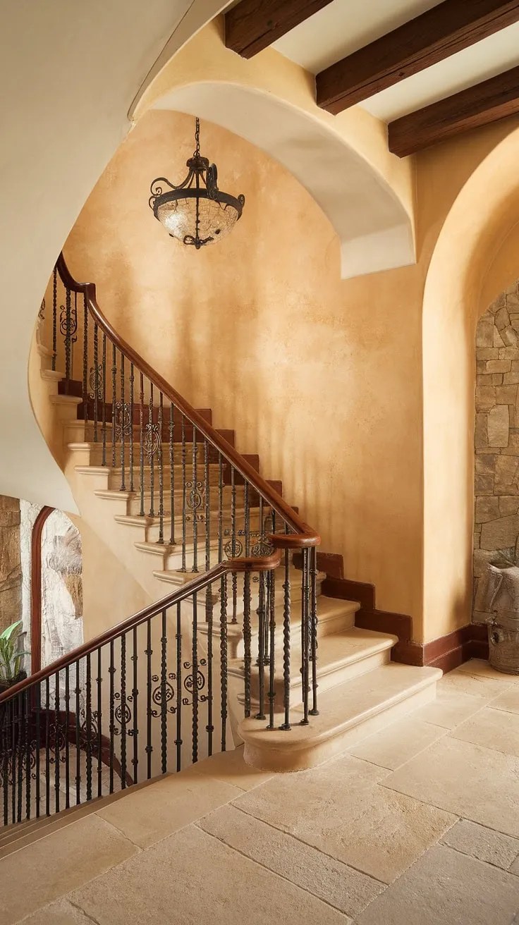 Ascend the Spanish home staircase, a breathtaking Spanish villa staircase, and discover the secrets held within this stunning apartment.  The intricately designed entrance staircase is a work of art in itself.