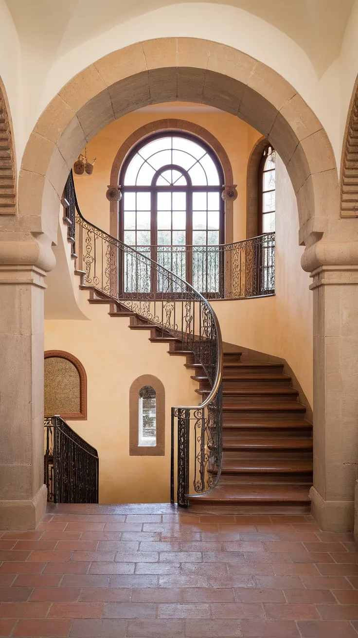 The allure of this Spanish villa staircase is undeniable.  From the intricately designed wrought-iron balustrade to the arched window at the landing, every detail speaks of refined Spanish design. This entrance staircase, a focal point of the apartment, invites you to ascend to a world of captivating beauty and comfort.  A truly breathtaking stairs in apartment experience.