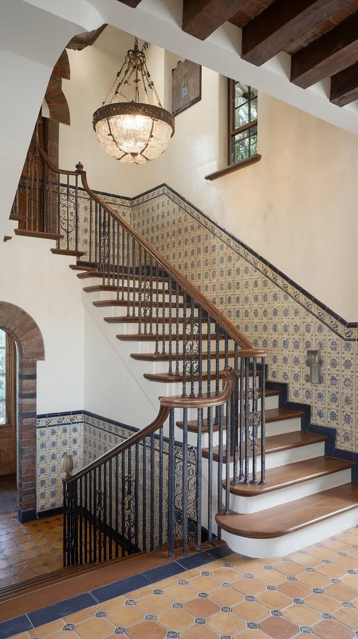 The grandeur of this Spanish home staircase is undeniable.  Every detail, from the ornate wrought iron railings to the rich wooden steps, speaks to the craftsmanship and artistry of a bygone era. This Spanish villa staircase is a breathtaking focal point, drawing the eye upward towards the beautifully tiled walls and the glimmering chandelier.  A truly captivating entrance staircase, even within the context of a larger apartment.