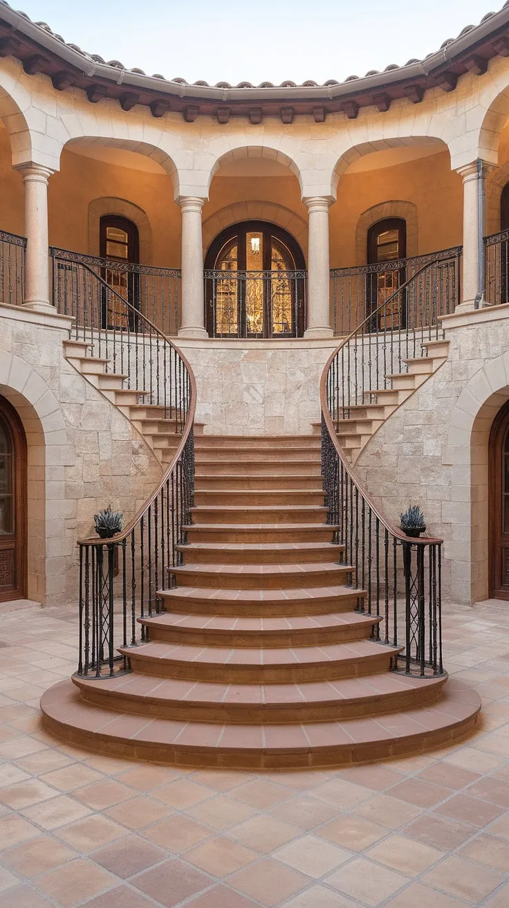 Step into a world of timeless elegance with this grand entrance staircase, a breathtaking feature of this Spanish villa. The intricate wrought-iron railing gracefully guides you up the curving stairs, a true testament to Spanish home staircase design.  This stunning stairs in apartment-style setting is the heart of this home.