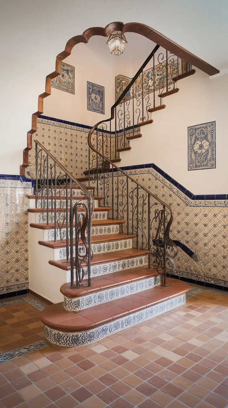 Step into a world of sun-drenched charm with this elegant entrance staircase, a testament to the timeless beauty of Spanish home architecture. The intricate wrought-iron railing and vibrant tiled floors of this Spanish villa staircase create an unforgettable entrance, a true masterpiece found within this stunning apartment.