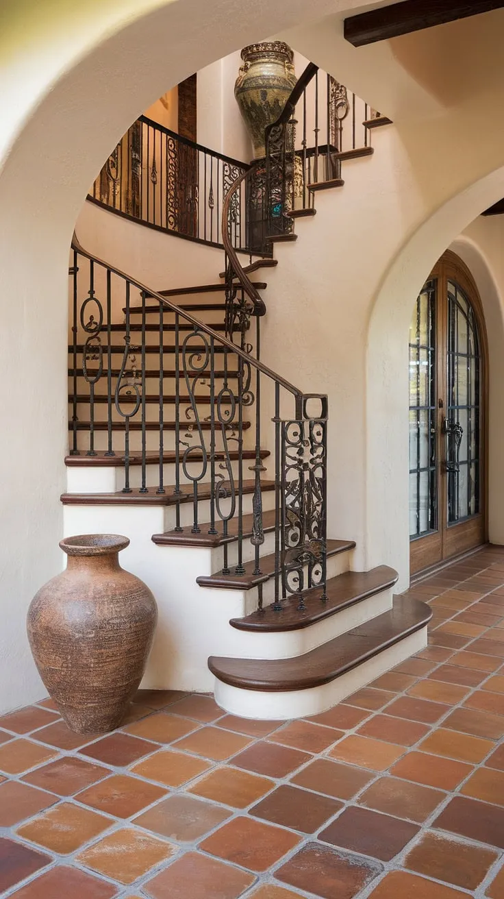 Step into a world of Spanish charm with this captivating entrance staircase, a true testament to the elegance of a Spanish villa staircase. The terracotta tiles and wrought-iron railing create an inviting atmosphere, perfect for a grand entrance to your apartment or home.