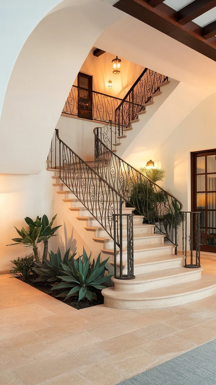Step into Spanish home luxury with this breathtaking Spanish villa staircase.  The meticulously crafted wrought-iron railing and the inviting entrance staircase lead to a haven of serenity, a stunning example of stairs in apartment design reimagined for a grander scale.