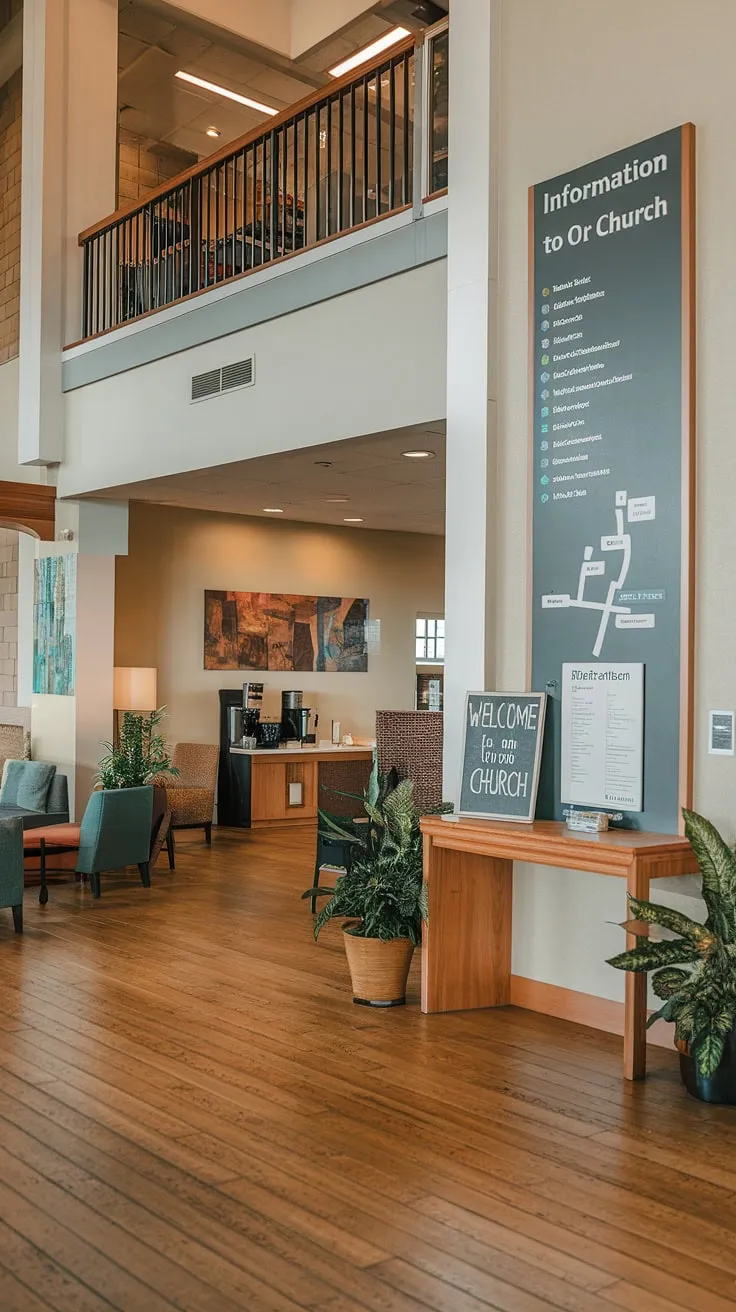This church lobby design exemplifies the ideal multi-purpose building. The church welcome center, complete with a welcoming sign and comfortable seating, seamlessly integrates with the church connection center and its informative church information wall. The entry comm center's thoughtful layout, including a coffee station and potted plants, creates a relaxed and inviting atmosphere, offering practical church foyer ideas for connecting with our community.