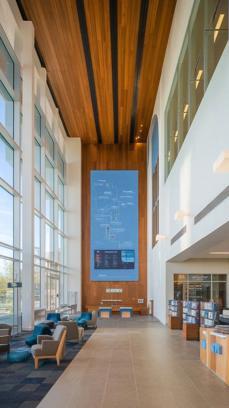 Sunlight streams through floor-to-ceiling windows illuminating the warm wood ceiling of this inviting church entry comm center. The thoughtfully designed church lobby showcases a modern church information wall complete with a large digital screen and helpful map, seamlessly integrating with a welcoming seating area. This multi-purpose building also features a convenient coffee station and bookstore, creating a true church connection center and offering excellent church foyer ideas for a comfortable and informative welcome center experience.