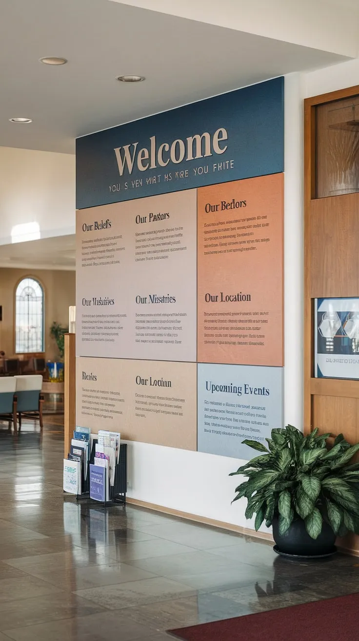 This inviting church welcome center, also serving as a functional entry comm center, offers a seamless church connection center experience. The strategically designed church information wall provides easy access to key details about our beliefs, pastors, ministries, location, and upcoming events. The church lobby design incorporates comfortable seating and a well-organized resource area, making it a multi-purpose building that truly serves the congregation. The addition of brochures and a plant adds a welcoming touch, showcasing thoughtful church foyer ideas.