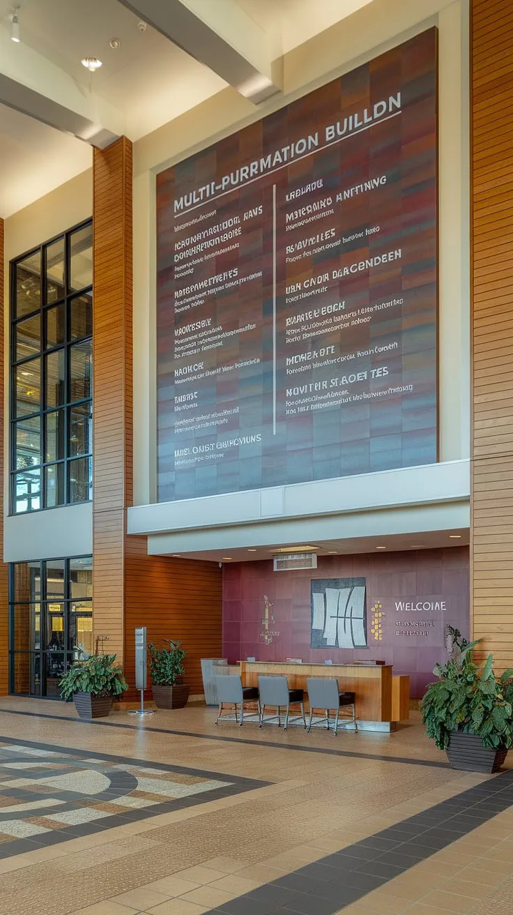 Sunlight streams into this inviting church lobby, showcasing a thoughtful church lobby design. The multi-purpose building's entry comm center features a striking church information wall detailing the church's mission and various ministries, seamlessly integrated with a welcoming church welcome center offering comfortable seating and a helpful desk. The patterned tile floor and warm wood paneling create a tranquil atmosphere, enhanced by potted plants and a convenient coat rack near the entrance. This church connection center exemplifies innovative church foyer ideas.