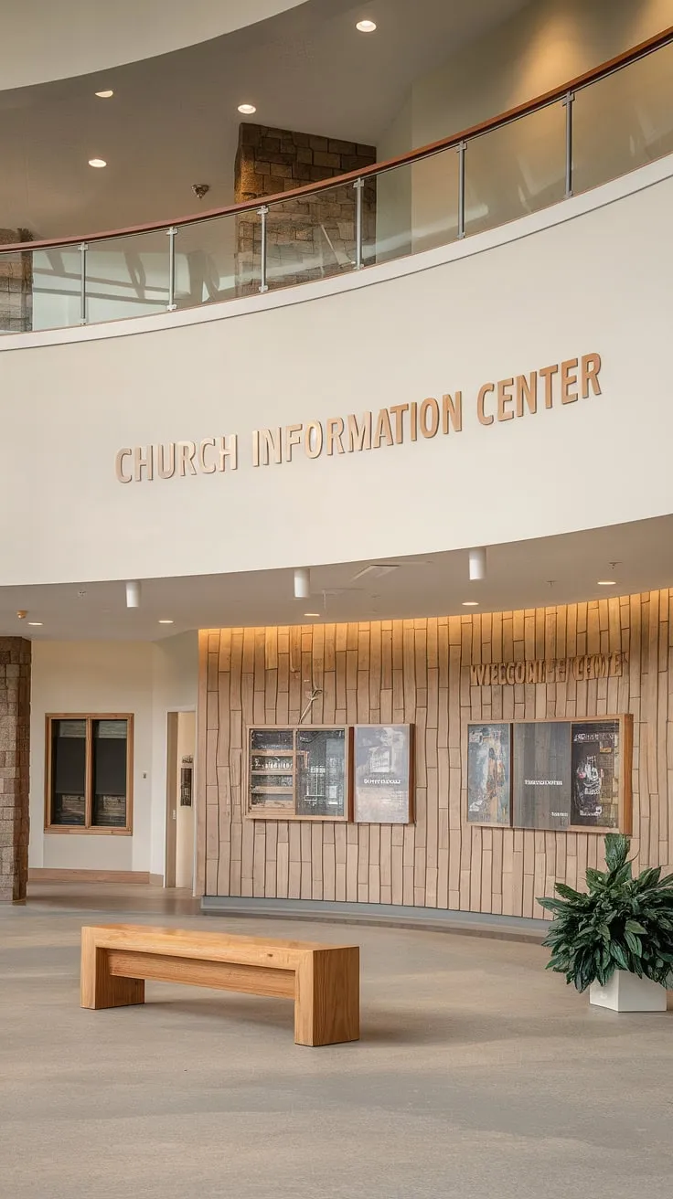Step into warmth and community at this multi-purpose building's inviting entry comm center. The thoughtfully designed church lobby, featuring a church connection center, church information wall, and church welcome center, creates a space where everyone feels at home. Church foyer ideas like the wooden bench and plant add to the welcoming ambiance.