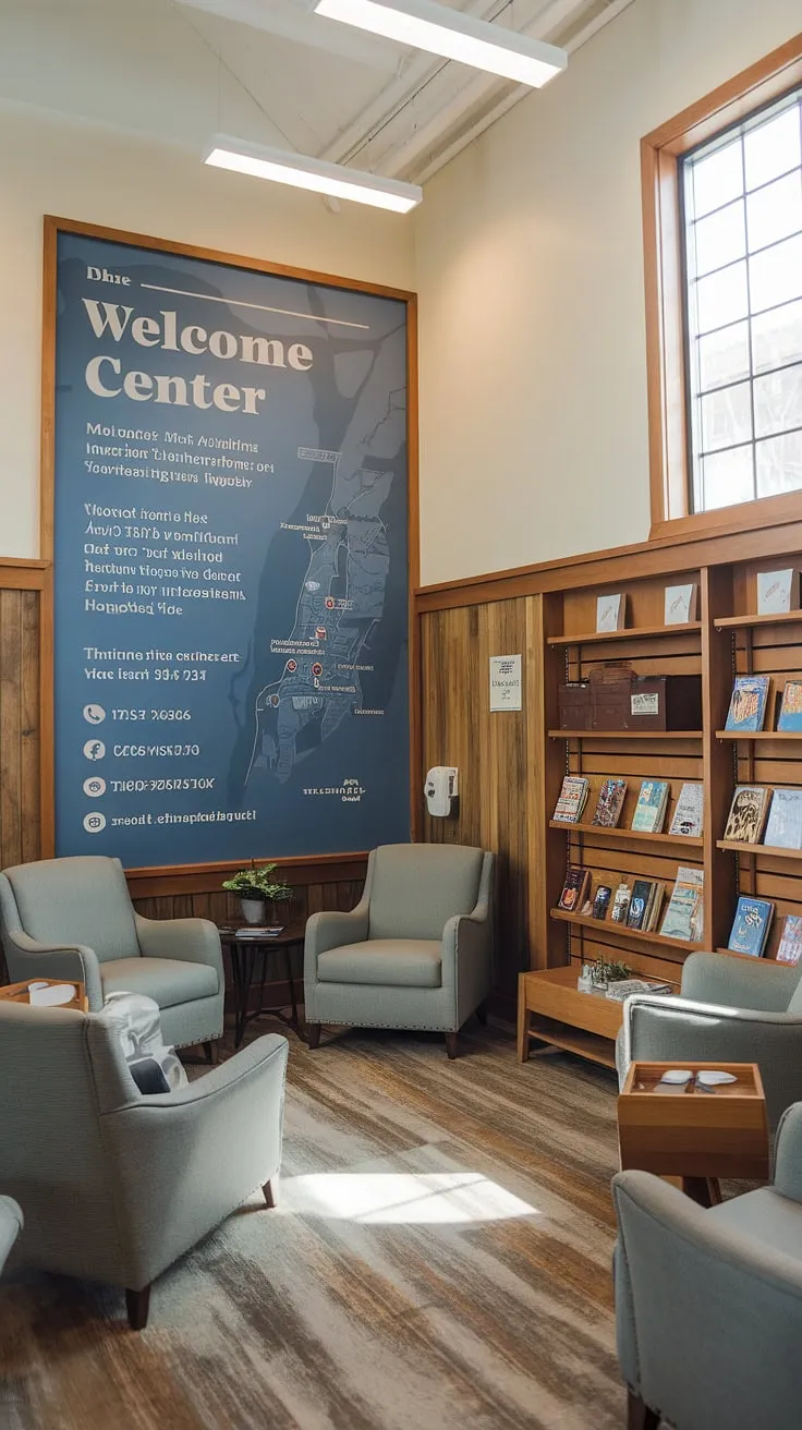 Sunlight streams into this inviting church welcome center, a thoughtfully designed entry comm center and church connection center within a multi-purpose building. The church information wall, showcasing the church's mission and contact details alongside a helpful map, sets a welcoming tone. Comfortable seating and a small table offer a space for visitors to relax, while built-in shelves provide easy access to church resources. This exemplifies excellent church lobby design and offers inspiring church foyer ideas.