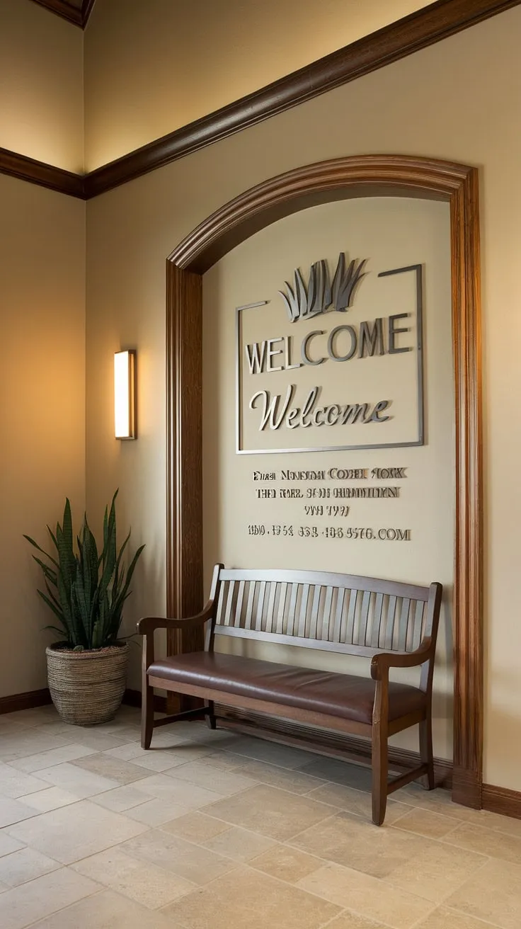 This multi-purpose building's church welcome center boasts a cleverly designed church information wall within its entry comm center. The beige-painted wooden frame complements the warm lighting and tiled floor, creating a serene and inviting church lobby design. A simple bench and plant add a touch of comfort, making this church connection center a perfect example of thoughtful church foyer ideas.