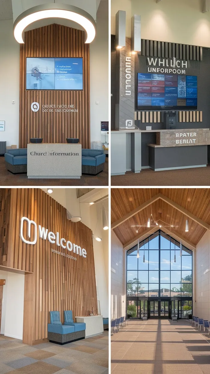 A welcoming and informative church foyer design, featuring an entry comm center seamlessly integrated into the church lobby design. The church connection center, complete with a large information screen, sits adjacent to a church information wall, providing guests with easy access to resources. This multi-purpose building also incorporates a dedicated church welcome center, creating a warm and inviting atmosphere. A prominent photo of the church's exterior adds a personal touch to the space, showcasing the church foyer ideas in action.