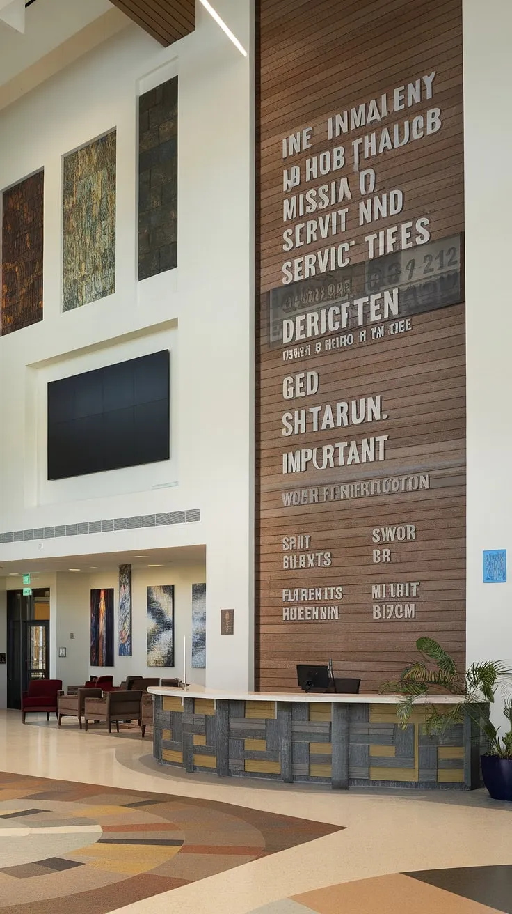 This stunning church lobby design showcases a multi-purpose building approach. The thoughtfully designed church foyer incorporates a welcoming church welcome center with comfortable seating and a helpful church information wall displaying service times and the church's mission. A large screen and strategically placed artwork enhance the space, transforming it into a vibrant church connection center and efficient entry comm center, offering practical church foyer ideas.
