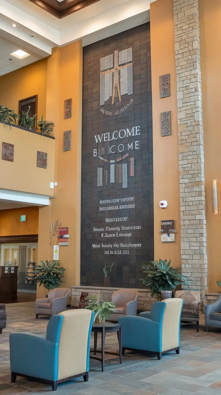 Warm, inviting, and functional, this multi-purpose building boasts a thoughtfully designed church lobby. The church information wall, a key feature of this church welcome center, provides easy access to building details and a welcoming message. Comfortable seating, strategically placed plants, and warm color palettes create a relaxing atmosphere within this entry comm center, showcasing excellent church foyer ideas for a seamless church connection center experience.