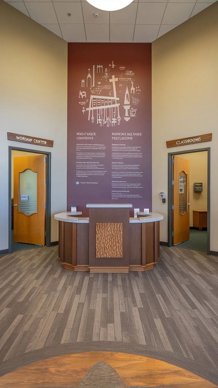 Step into our welcoming Entry Comm Center, a vibrant hub connecting you to our church's rich history, diverse ministries, and warm community. This church connection center, designed with thoughtful church lobby design elements, offers easy access to the Worship Center and Classrooms.