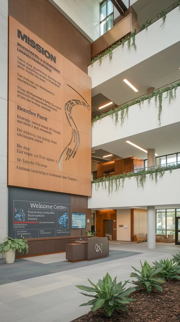 This multi-purpose building boasts a thoughtfully designed church foyer, showcasing innovative church lobby design. The entry comm center features a striking church information wall, clearly displaying the church's mission statement and other vital information. A welcoming church welcome center with comfortable seating and a helpful desk completes this inviting space, offering a seamless church connection center experience. The use of wood and plants adds warmth to the modern aesthetic, providing inspiration for future church foyer ideas.