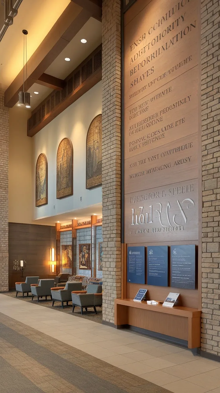 Step into our inviting Entry Comm Center, a warm and welcoming Church Welcome Center designed for connection. This multi-purpose building boasts a stunning church lobby design, complete with a helpful church information wall and comfortable seating areas. Explore our church foyer ideas and discover the heart of our community.