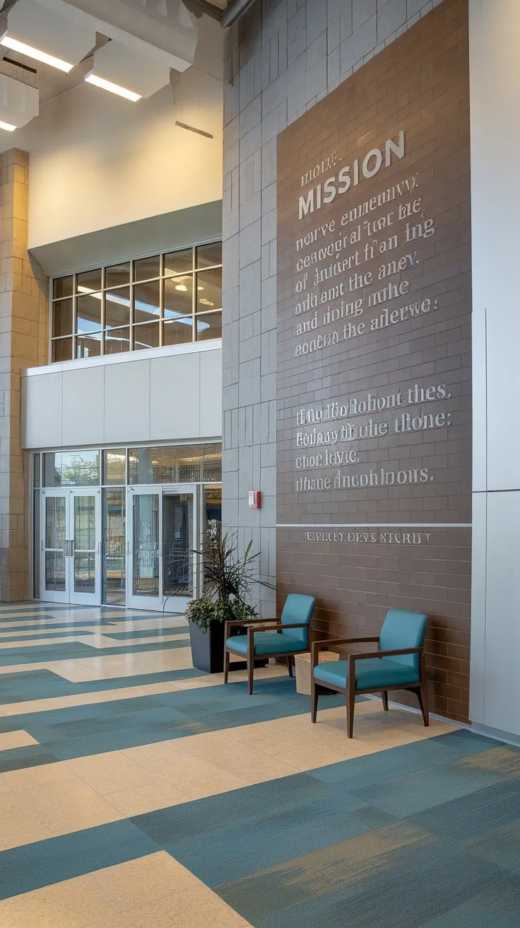 This modern church entry comm center, a welcoming church connection center, boasts a striking church information wall displaying the church's mission statement. The thoughtfully designed church lobby design features a patterned floor, comfortable seating, and a touch of greenery, creating a serene atmosphere within the multi-purpose building. This church welcome center offers a glimpse into innovative church foyer ideas.