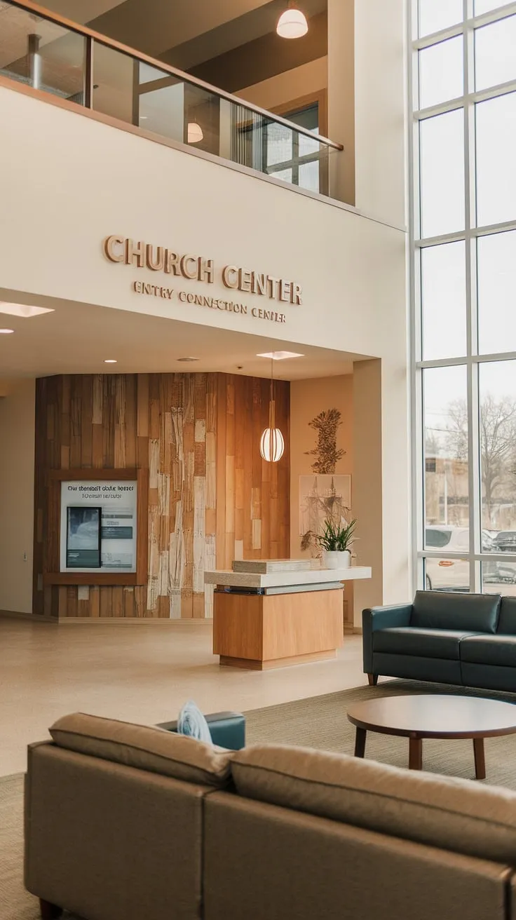 Step into a haven of warmth and community. This multi-purpose building boasts a thoughtfully designed church lobby, featuring a welcoming church welcome center, an informative church information wall, and a convenient entry comm center. The church connection center seamlessly integrates with comfortable seating and a large window, creating the perfect church foyer ideas for connection and reflection.