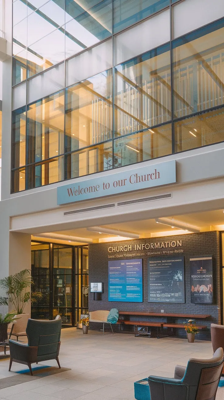 Modern architecture meets faith in this multi-purpose building. The thoughtfully designed church lobby, acting as a church welcome center and entry comm center, features a church information wall and showcases innovative church foyer ideas. The space is both functional and inviting, with a calm ambiance enhanced by comfortable seating and a vibrant plant. This church connection center seamlessly blends contemporary design with spiritual warmth.