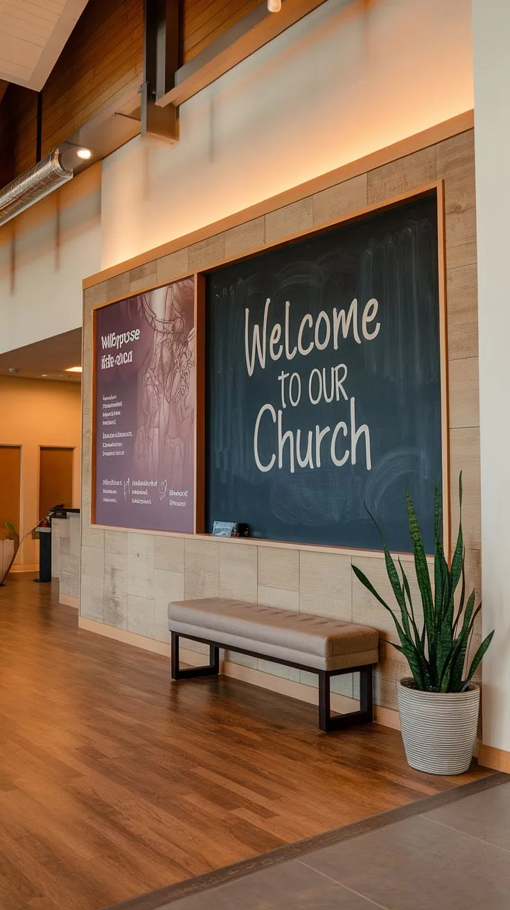 Warm welcome awaits at this entry comm center, a thoughtfully designed church lobby showcasing a church information wall and inviting church welcome center within a multi-purpose building. Church foyer ideas at their finest.
