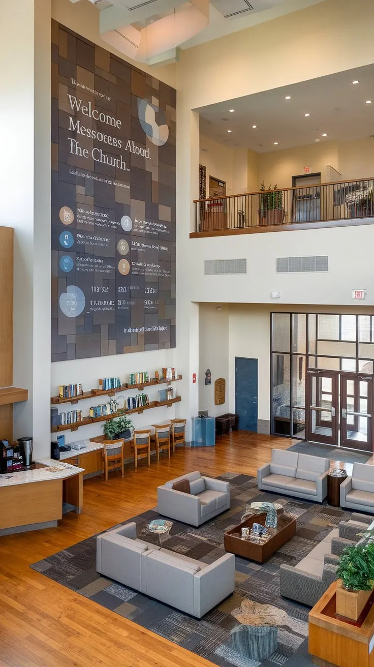 Step into a warm and inviting atmosphere at our church's entry comm center. This thoughtfully designed church lobby showcases a church information wall brimming with details and a welcoming message, seamlessly blending into a comfortable seating area, coffee bar, and quiet reading nooks. The multi-purpose building design offers a true church connection center, providing a space for connection and community. This church foyer exemplifies innovative church lobby design.