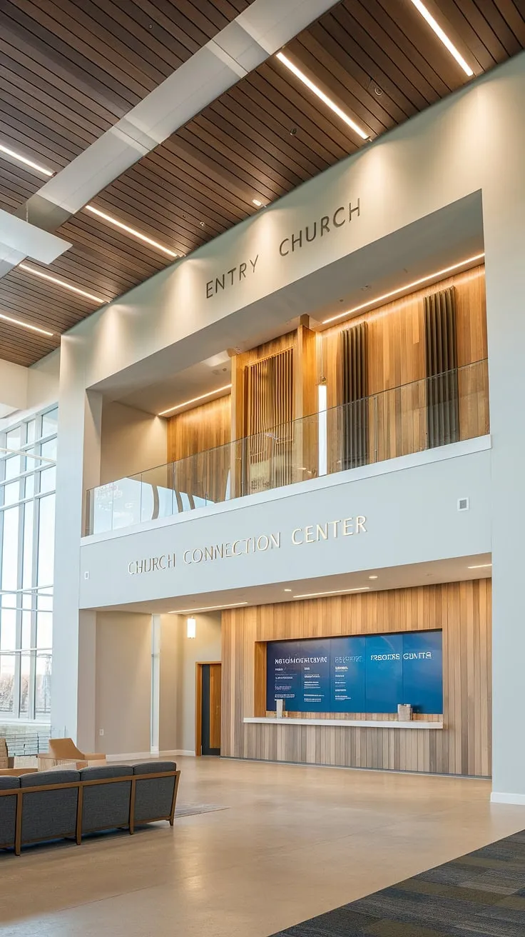 Step into tranquility and connection. Our entry comm center, part of a larger multi-purpose building, boasts a thoughtful church lobby design, including a church welcome center, church information wall, and inspiring church foyer ideas, all centered around a welcoming church connection center.