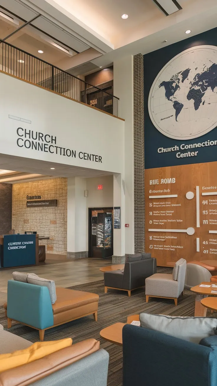 This stunning church lobby design showcases the perfect balance of functionality and warmth. The church welcome center, clearly marked as the entry comm center, seamlessly flows into the church connection center. A detailed church information wall, featuring a large world map, adds a global perspective. This multi-purpose building offers a range of services, making it a truly welcoming space. Consider these church foyer ideas for your own building.